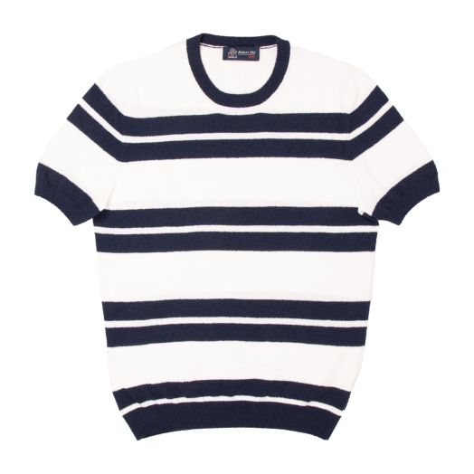 White & Navy Striped Towelling T-Shirt