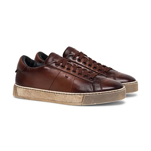 Brown Aged Leather Low-Top Sneakers