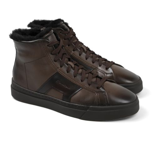 Brown Fur-Lined Leather Double Buckle High Top Sneaker