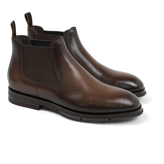 Brown Textured Leather Chelsea Boots
