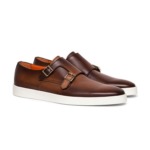 Brown Tumbled Leather Double-Buckle Shoe