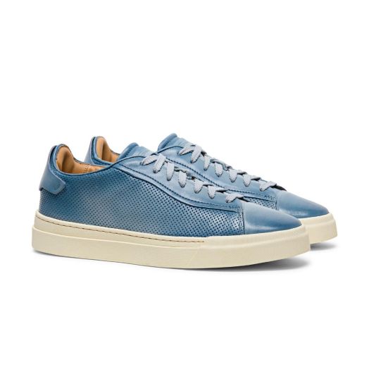 Light Blue Distressed Perforated Effect Leather Sneaker