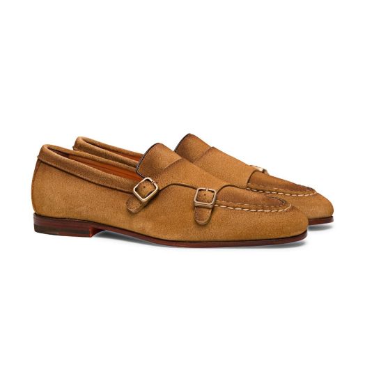 Tan Suede Double Buckle Monk Strap Loafer