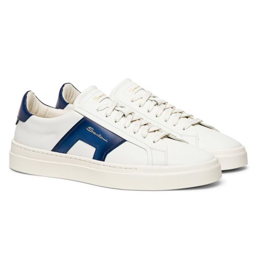 White and Blue Leather Double Buckle Sneaker